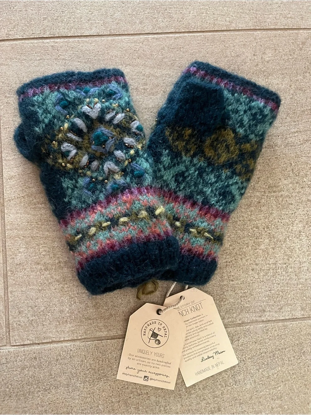 Handmade Teal Floral Knit Fingerless Gloves
